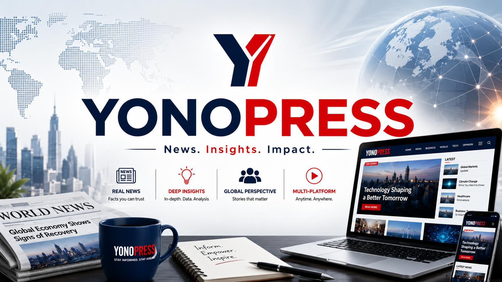 Yonopress USA homepage showing categories for business, technology, finance and health content for American readers